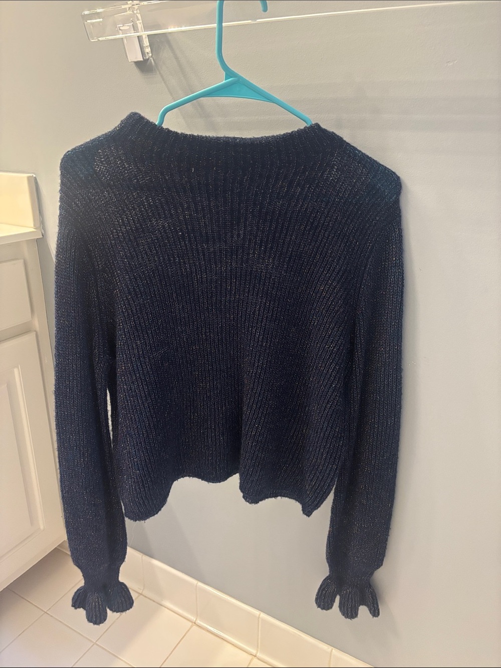 BB Dakota Navy Ribbed Crewneck Sweater with Ruffle Cuffs